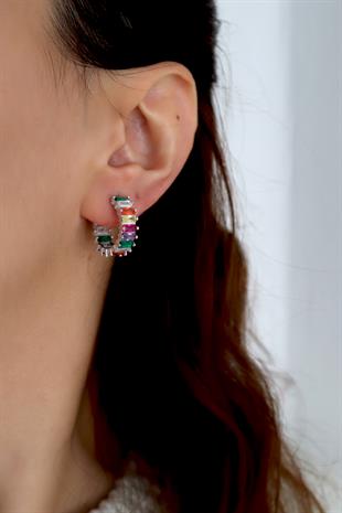 925 Ayar Gümüş Renkli Baget Taşlı Halka Küpe