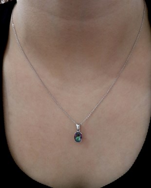 925 Ayar Gümüş Rodyumlu Mistik Topaz Oval Taş Kolye