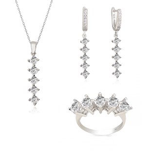 925 Ayar Gümüş Rodyumlu 5 Taş Takı Seti