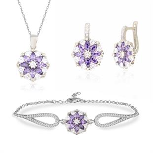925 Ayar Gümüş Rodyumlu Ametist Çiçek Model Takı Seti