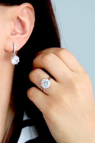 925 Ayar Gümüş Rodyumlu Büyük Tektaş Takı Seti