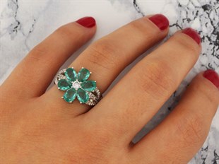 925 Ayar Gümüş Rodyumlu Paraiba Manolya Çiçeği Gümüş Yüzük