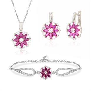 925 Ayar Gümüş Rodyumlu Pembe Çiçek Model Takı Seti