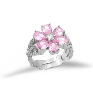 925 Ayar Gümüş Rodyumlu Pembe Manolya Çiçeği Gümüş Yüzük