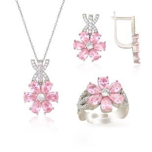 925 Ayar Gümüş Rodyumlu Pembe Taşlı Manolya Çiçeği Gümüş Takı Seti