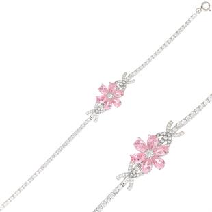 925 Ayar Gümüş Rodyumlu Pembe Taşlı Manolya Çiçeği Gümüş Takı Seti