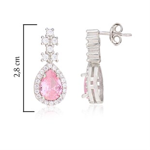 925 Ayar Gümüş Rodyumlu Pırlanta Montür Pembe Damla Taş Küpe