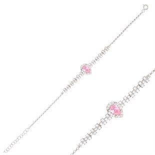 925 Ayar Gümüş Rodyumlu Pırlanta Montür Pembe Damla Taş Takı Seti