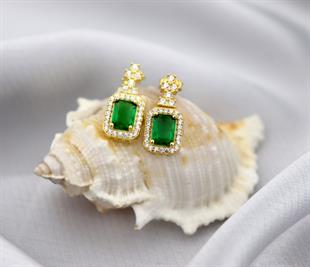 925 Ayar Gümüş Rodyumlu Pırlanta Montür Zümrüt Yeşili Baget Küpe