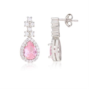 925 Ayar Gümüş Rodyumlu Pırlanta Montür Pembe Damla Taş Küpe
