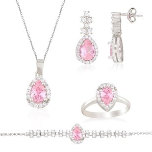 925 Ayar Gümüş Rodyumlu Pırlanta Montür Pembe Damla Taş Takı Seti