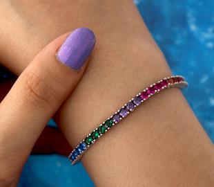 925 Ayar Gümüş Rodyumlu Rainbow Renkli Taşlı Su Yolu Bileklik