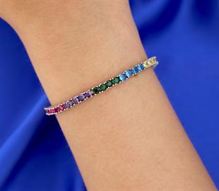 925 Ayar Gümüş Rodyumlu Rainbow Renkli Taşlı Su Yolu Bileklik