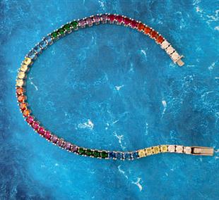 925 Ayar Gümüş Rodyumlu Rainbow Renkli Taşlı Su Yolu Bileklik