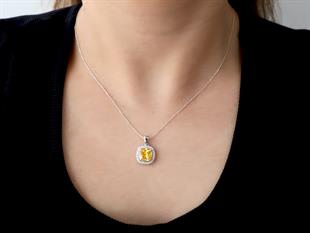 925 Ayar Gümüş Rodyumlu Sitrin Taşlı Pırlanta Montürlü Kolye