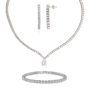 925 Ayar Gümüş Rodyumlu Su Yolu Tektaş Düğün Takı Seti