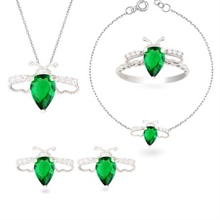 925 Ayar Gümüş Rodyumlu  Zümrüt Arı Tasarım Takı Seti