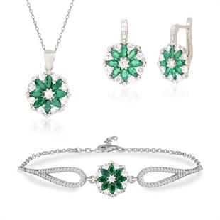 925 Ayar Gümüş Rodyumlu Zümrüt Çiçek Model Takı Seti