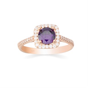 925 Ayar Gümüş Rose Gold Ametist Kare Pırlanta Modeli Yüzük