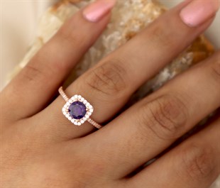 925 Ayar Gümüş Rose Gold Ametist Kare Pırlanta Modeli Yüzük