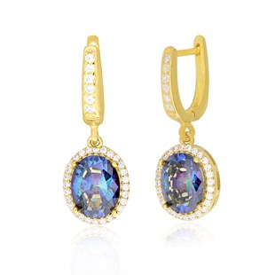 925 Ayar Gümüş Gold Blue Topaz Sallantılı Küpe