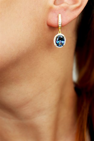 925 Ayar Gümüş Gold Blue Topaz Sallantılı Küpe