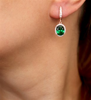 925 Ayar Gümüş Rose Gold Zümrüt Sallantılı Küpe