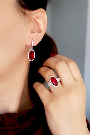 925 Ayar Gümüş Ruby Oval Taşlı Takı Seti