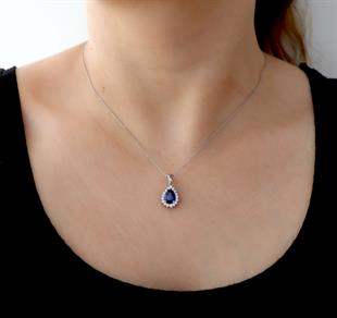 925 Ayar Gümüş Safir Damla Anturaj Takı Seti