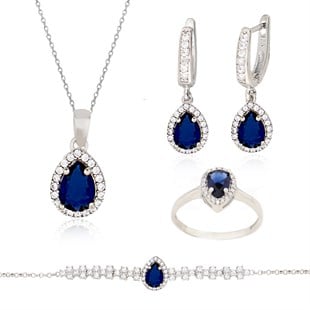 925 Ayar Gümüş Safir Damla Taş Takı Seti