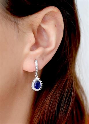 925 Ayar Gümüş Safir Damla Taşlı Anturaj Küpe