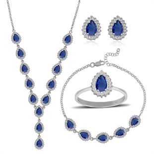 925 Ayar Gümüş Safir Damla Taşlı Pırlanta Montür Takı Seti