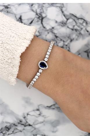 925 Ayar Gümüş Safir Damla Taşlı Su Yolu Bileklik