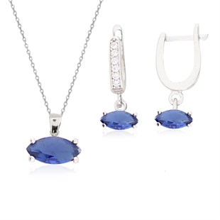925 Ayar Gümüş Safir Markiz Model Takı Seti