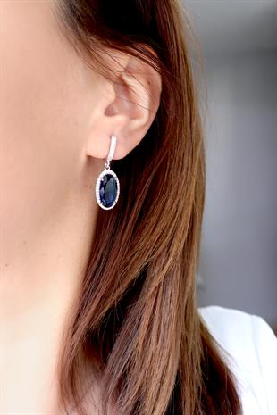 925 Ayar Gümüş Safir Oval Taşlı Küpe