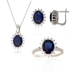 925 Ayar Gümüş Safir Oval Taşlı Takı Seti