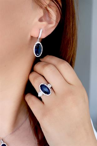 925 Ayar Gümüş Safir Oval Taşlı Takı Seti