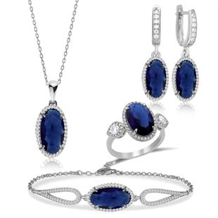 925 Ayar Gümüş Safir Oval Taşlı Takı Seti