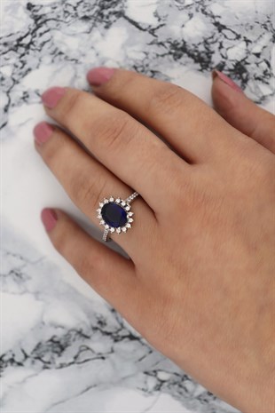925 Ayar Gümüş Safir Oval Anturaj  Yüzük