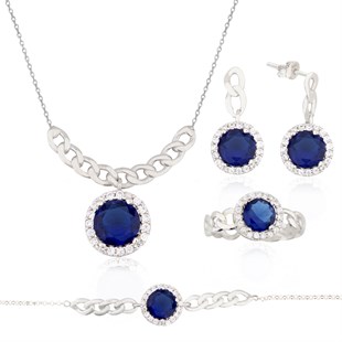 925 Ayar Gümüş Safir Takı Seti Zincir Detay