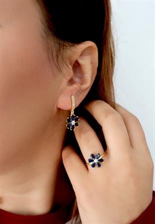 925 Ayar Gümüş Safir Taşlı Çiçek Küpe