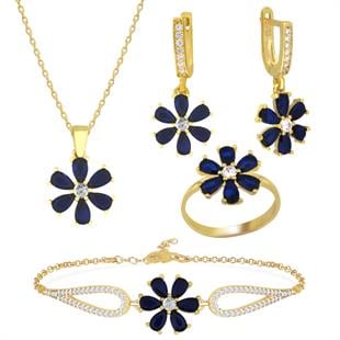 925 Ayar Gümüş Safir Taşlı Çiçek Takı Seti