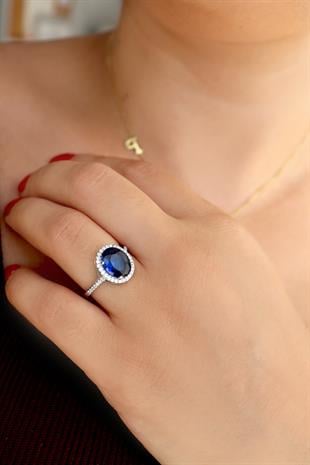 925 Ayar Gümüş Safir Taşlı Oval Yüzük