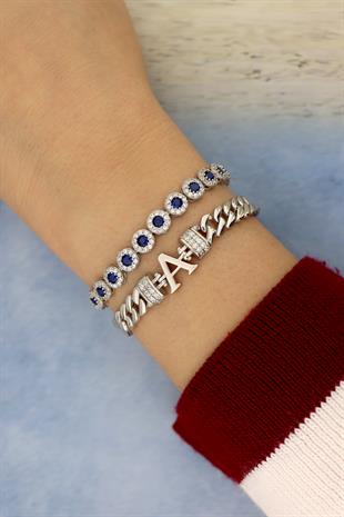 925 Ayar Gümüş Safir Yuvarlak Taşlı Su Yolu Bileklik