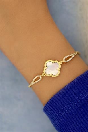 925 Ayar Gümüş Sedef Taşlı Yonca Bileklik