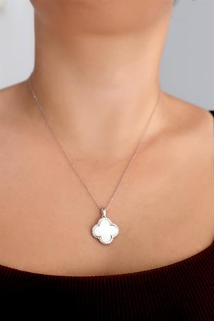 925 Ayar Gümüş Sedef Taşlı Yonca Kolye