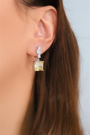 925 Ayar Gümüş Sitrin Elmas Kesim Kare Küpe