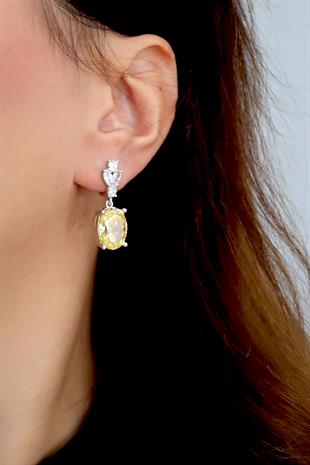 925 Ayar Gümüş Sitrin Elmas Kesim Oval Küpe