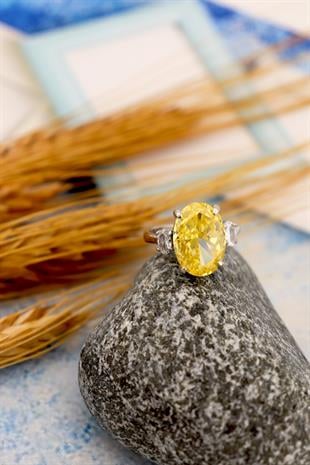 925 Ayar Gümüş Sitrin Elmas Kesim Oval Taş Yüzük – Premium Kalite