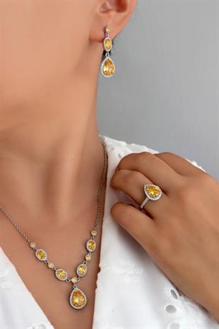 925 Ayar Gümüş Sitrin Kristal Elegance Davet Takı Seti